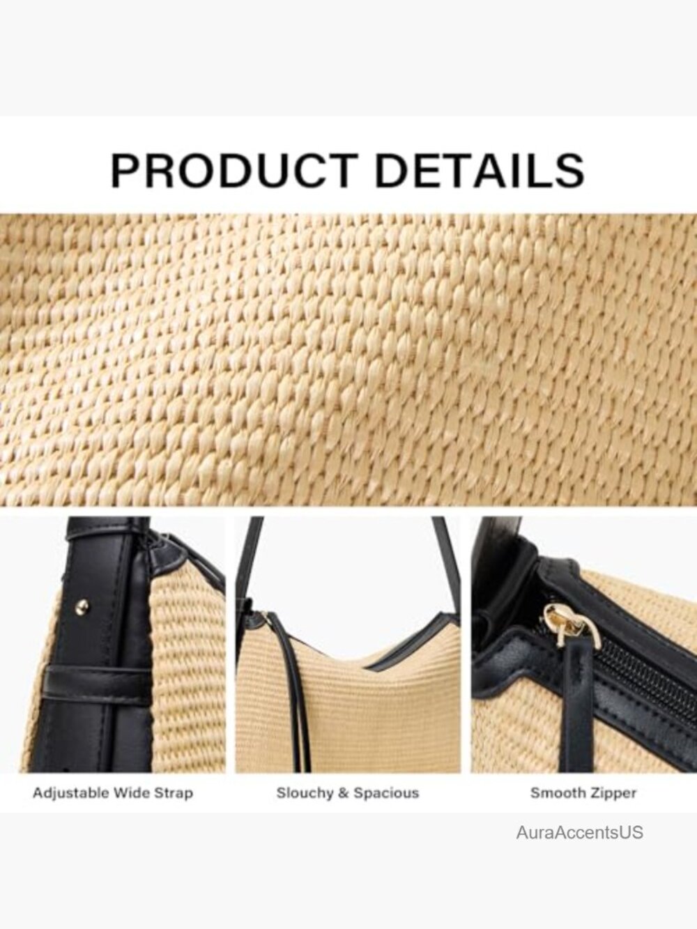 Woven Straw Hobo Shoulder Bag with Adjustable Strap - Picture 5 of 7